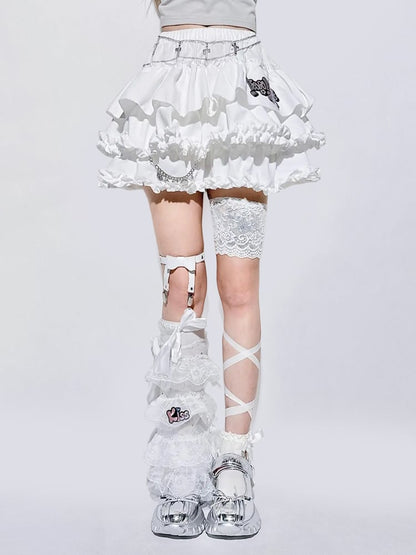 Elastic and Ruffle with Bubble White Tiered Waistband Hem Skirt