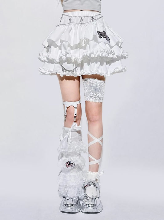 Elastic and Ruffle with Bubble White Tiered Waistband Hem Skirt