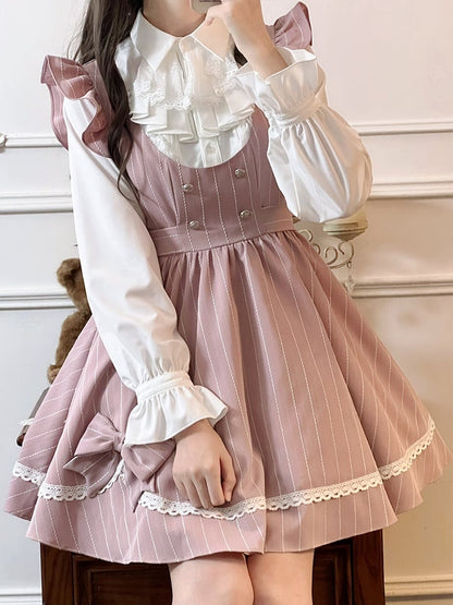 White Sweet Lace Details Jabot Collar Long Sleeves Elastic Cuffs Blouse