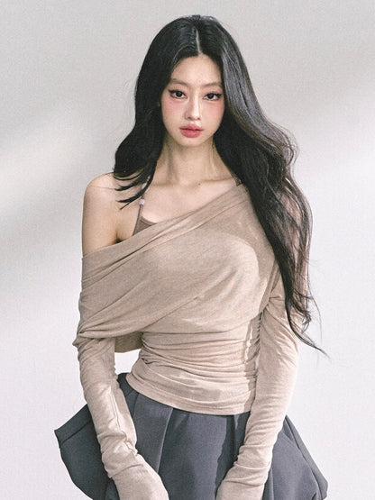 Pink/Khaki Asymmetrical Neckline Top Faux Two-pieces