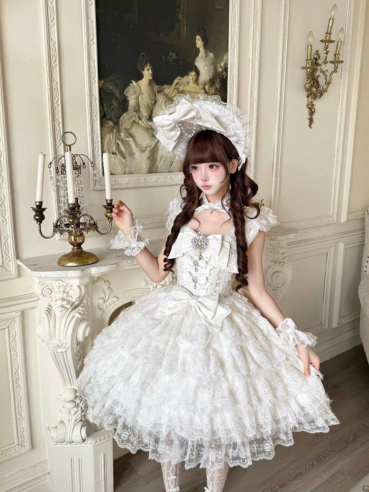Skirt + Train Rhinestone Multi-Layered Details Lace Hime-Style JSK Big Lolita White with / Elegant Choker Bow Dress