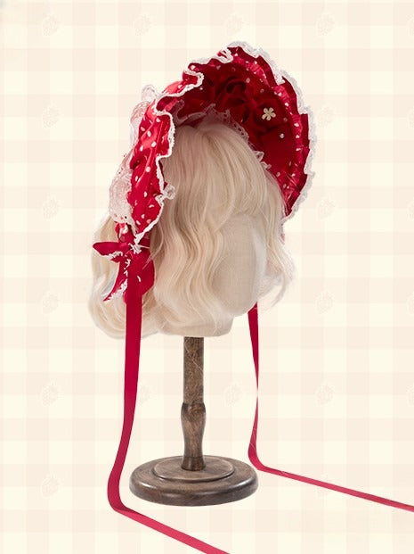 White/Black/Pink Lolita with Polka-dot Bows Bonnet Red/Red