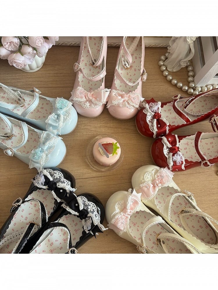 Elegant Lace Bow Round Toe Pumps - 2.5cm Low Heels - Blossoms