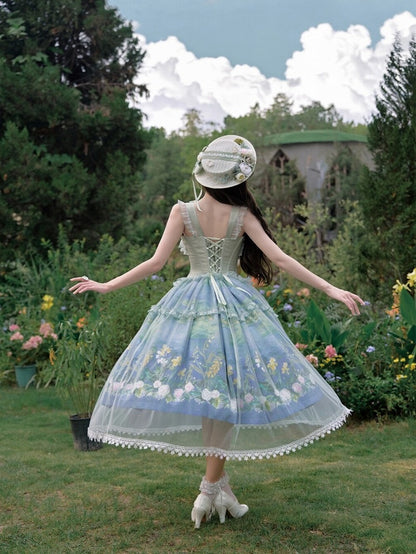Elegant Green Oil Painting Print Lolita Jumper Skirt Dress with Bustier-Style Boned Bodice - Haw Berry