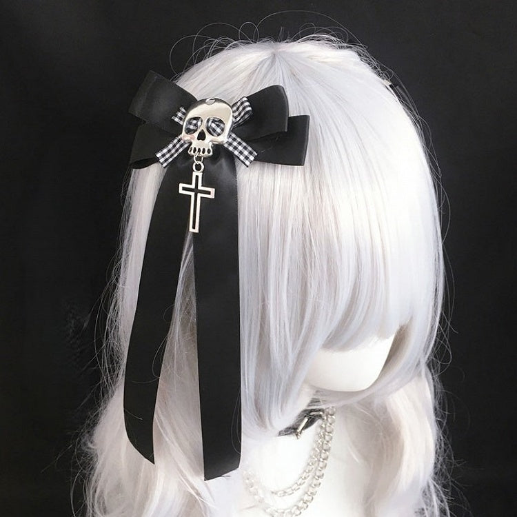 Head Bow Pendant Hairclip with Cross Skull Black