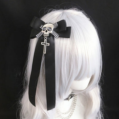 Head Bow Pendant Hairclip with Cross Skull Black