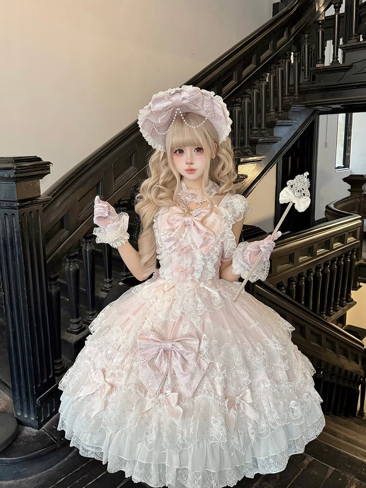 JSK Bow Full Multi-Layer Lolita Dress Back / Hanayome-Style With Trim Decor + Set Lace Pink