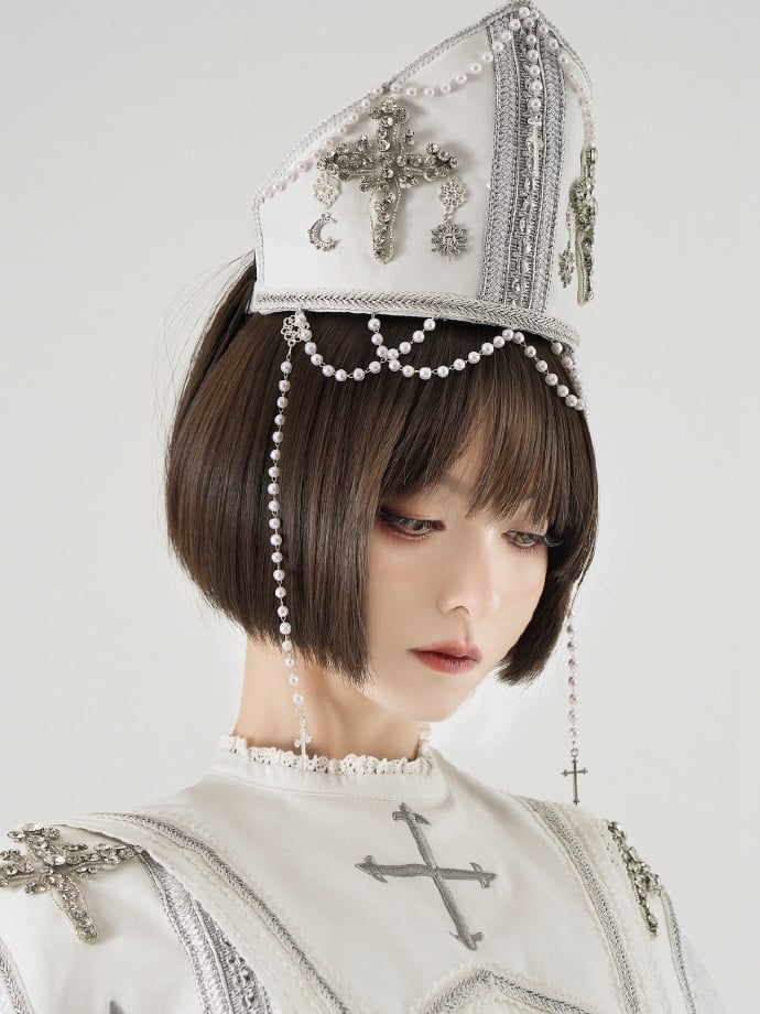 Mitra-Kreuz verzierte Perlenkette weiß mit päpstlicher Perle