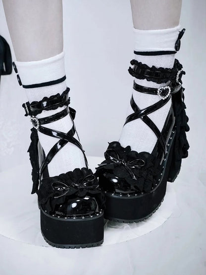 Lace High Platform Heart - with Vamp Black Gothic Buckle Block Knotted Multi-Layer Bow Heel Heels Rhinestone