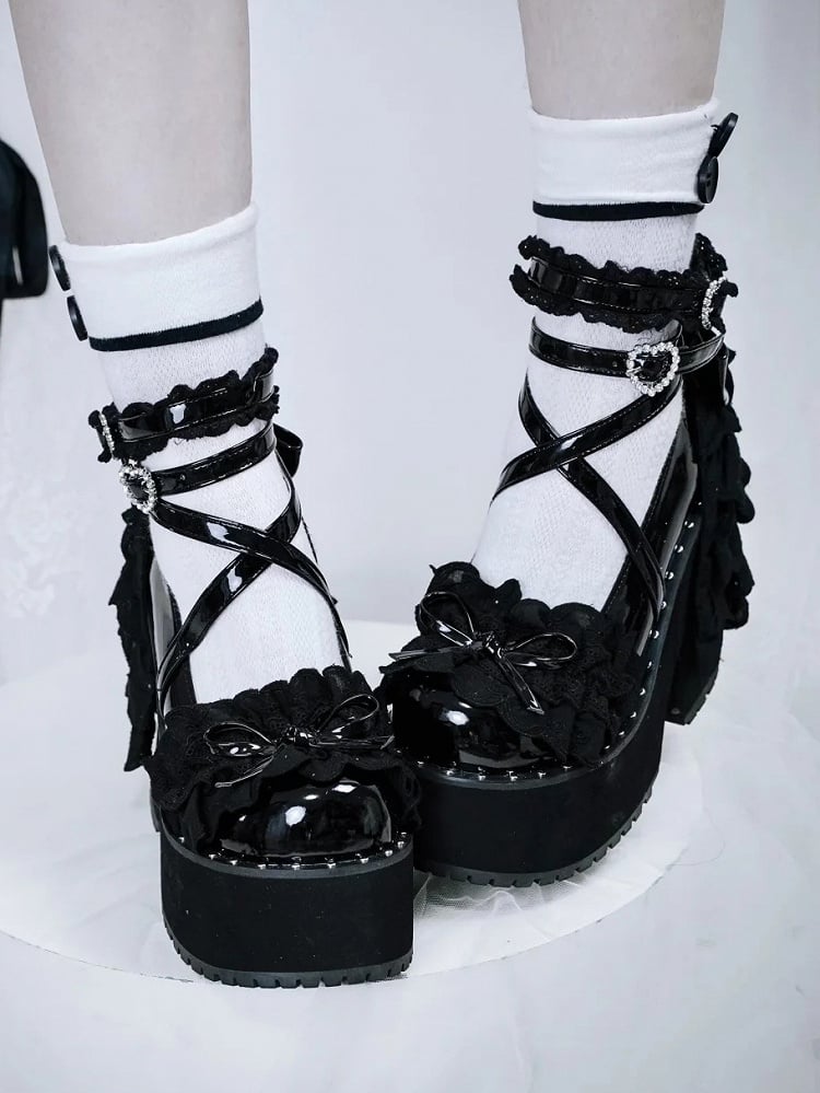 Buckle Heart Vamp Black Block Multi-Layer Rhinestone - with Knotted Platform Gothic High Heel Bow Heels Lace