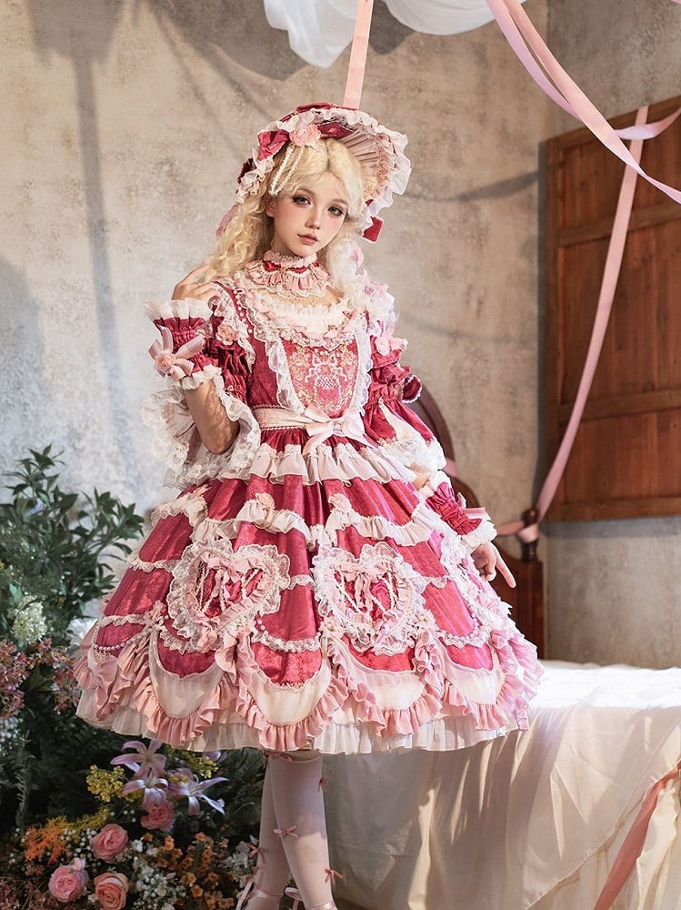Hanayome Details Bead Embroidery Chain and Rosette Dress Rose Floral Lolita Pink
