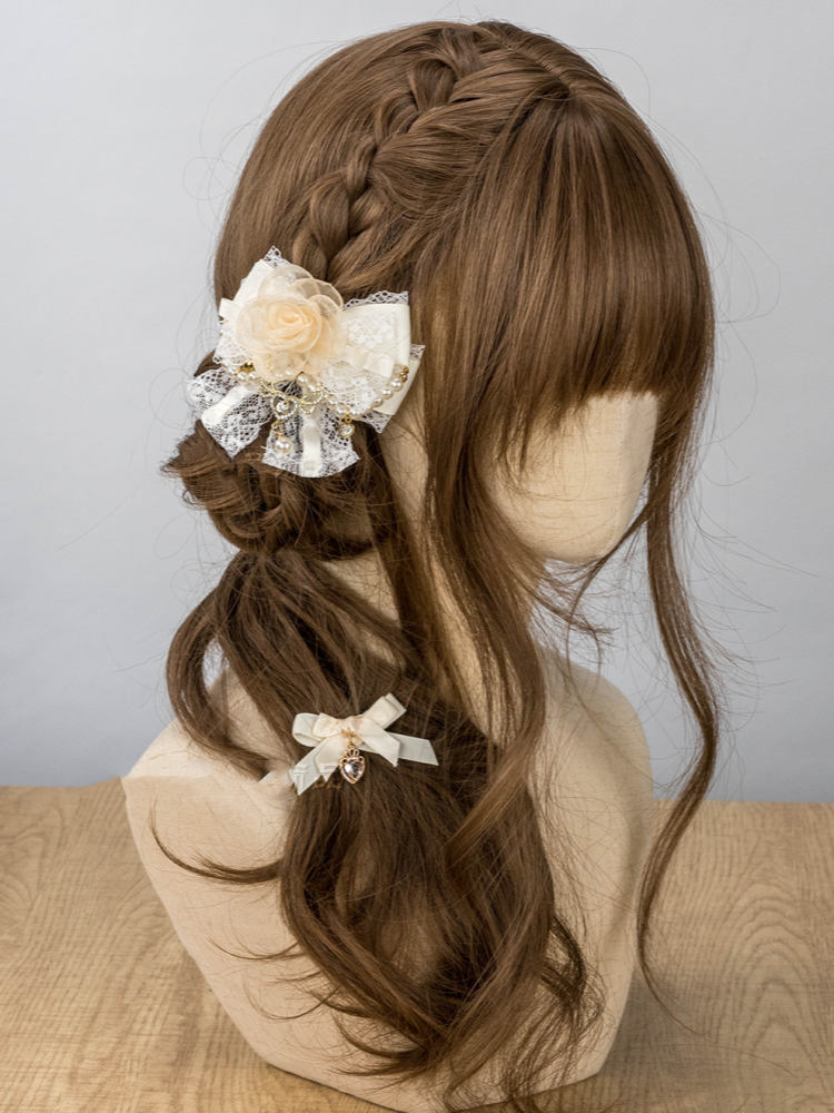 Jirai Kei Pink/Apricot/Black Lace Rose Beaded Chain Lolita Hairclip