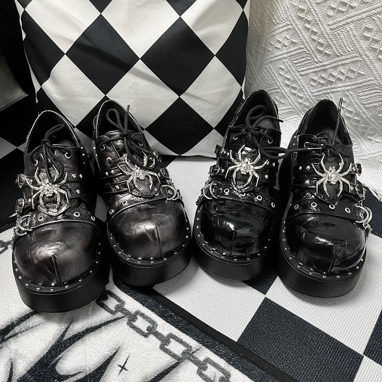 Punk Textured Black Spider Design Buckle Strap Stud Platform Shoes
