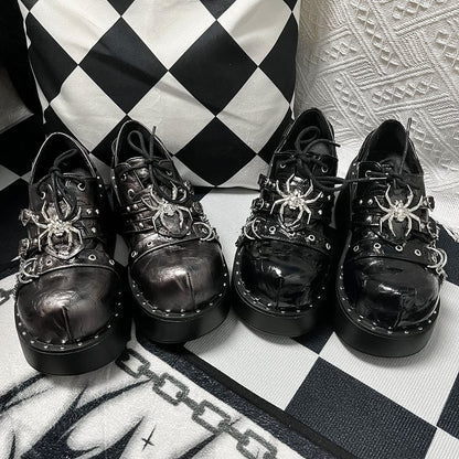 Punk Textured Black Spider Design Buckle Strap Stud Platform Shoes