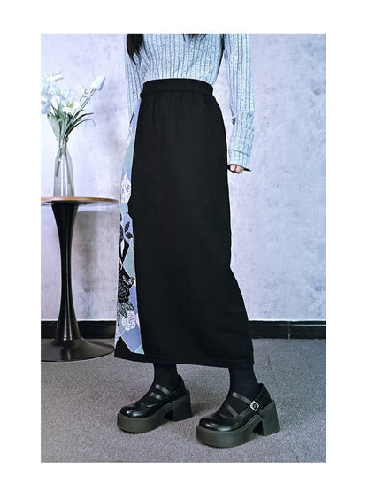 with Cheongsam Jacquard Pattern Skirt Diamond Multicolor Knit Black