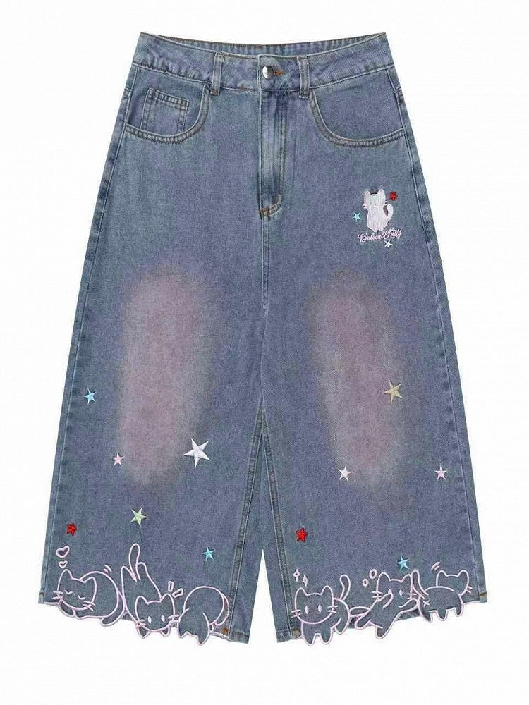 Daily Kawaii Light Blue Kitty & Star Embroidery Wide-Leg Cropped Jeans - Languid Park
