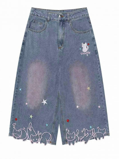 Daily Kawaii Light Blue Kitty & Star Embroidery Wide-Leg Cropped Jeans - Languid Park