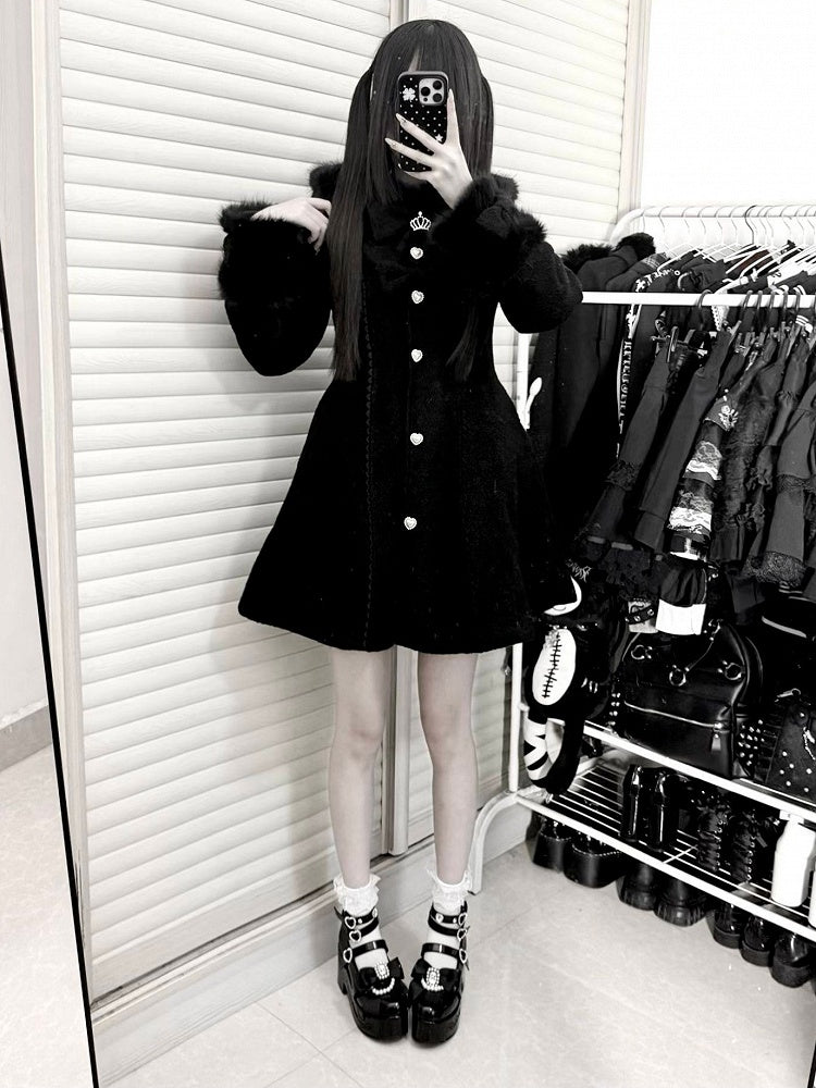 Cuffs Collar with Long Bow-Detailed Coat Kei Jirai Black Waist-Cinching Furry