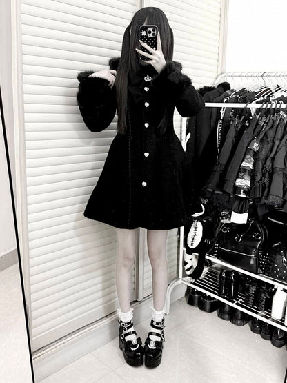 Cuffs Collar with Long Bow-Detailed Coat Kei Jirai Black Waist-Cinching Furry