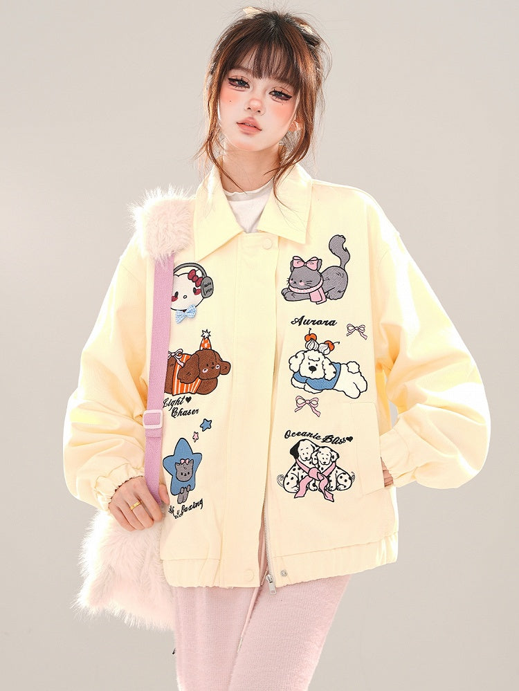 Pink/Apricot Cute Animal Zip Placket Baseball Jacket