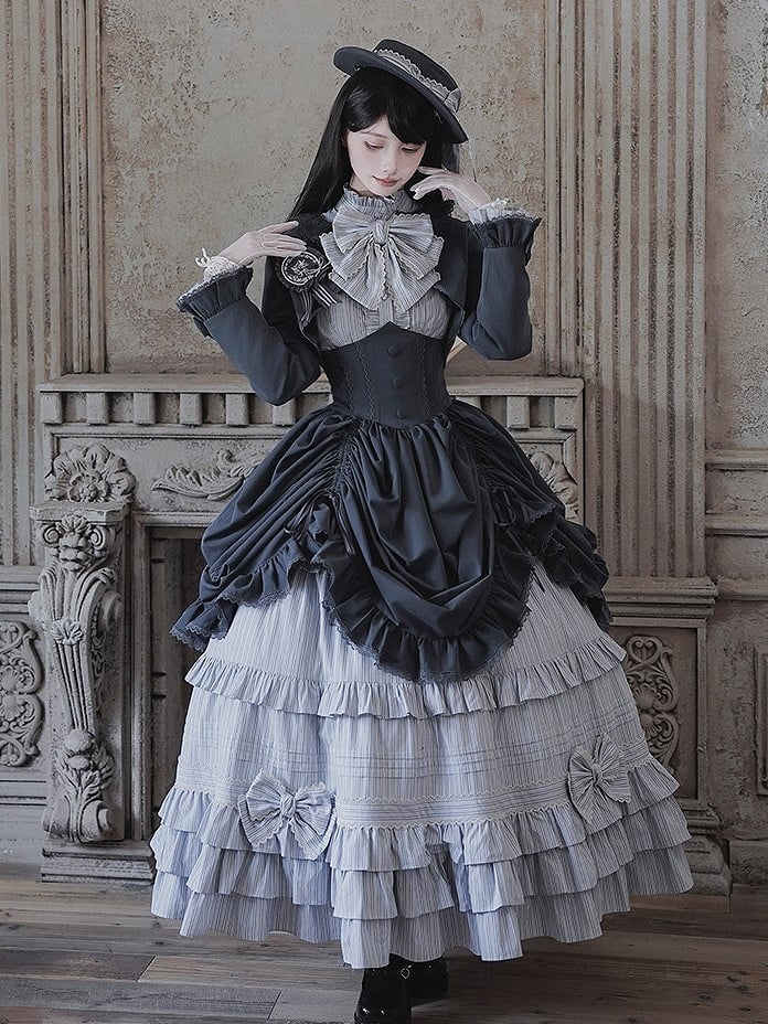 Lolita Blouse Badge Bolero Striped Classic + Gray Skirt Set Boned Hat Elegant Top Full