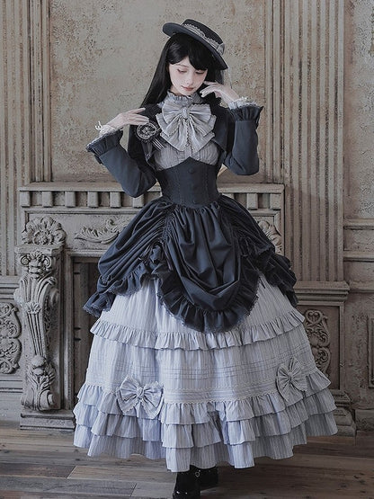Lolita Blouse Badge Bolero Striped Classic + Gray Skirt Set Boned Hat Elegant Top Full