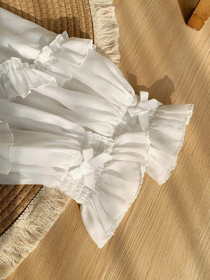 White Balloon Sleeve Blouse with Ruffle Accents and Rose Brooch - With PUJI