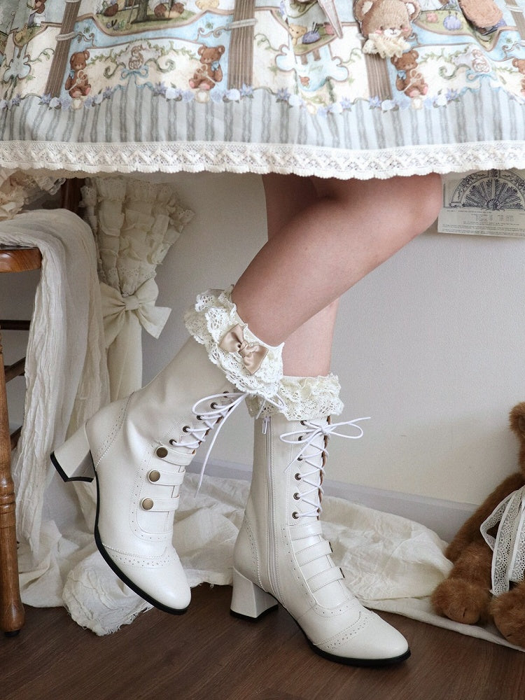 Beige Retro Lolita Boots Lace Up Buckle Accents Fall Style - MODO