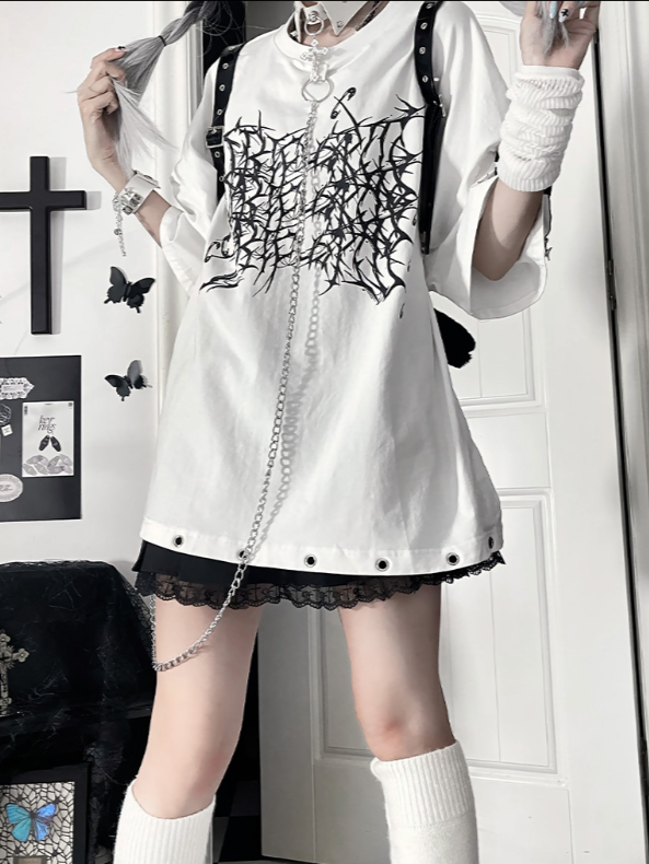 Chain T-Shirtwith Zipper SleeveDetachable Crossed Loose Gothic White