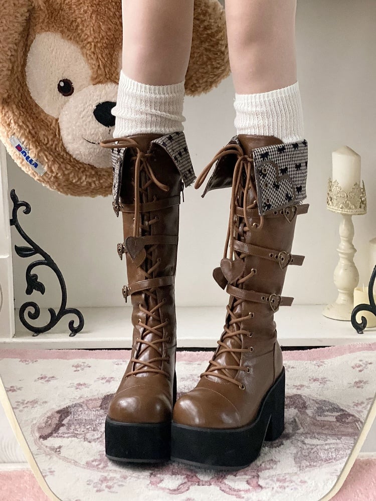 Cuff Heel Caramel Platform Fold-over Boots Block