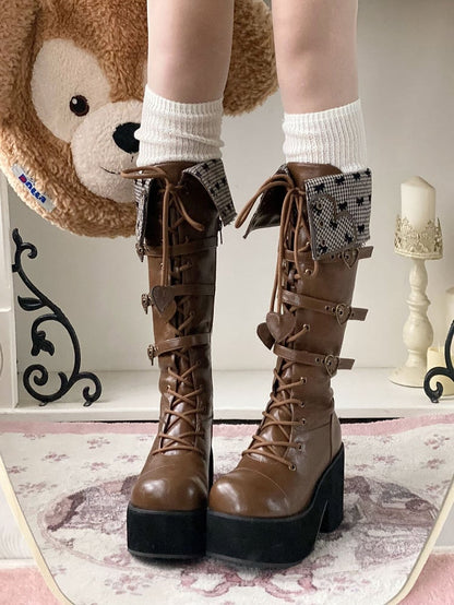 Cuff Heel Caramel Platform Fold-over Boots Block