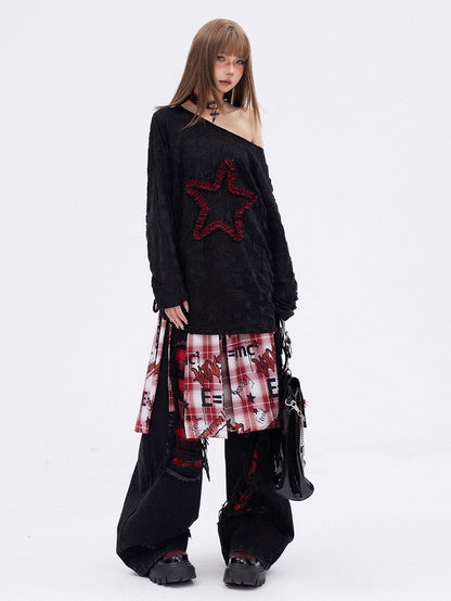 Schwarzes T-Shirt mit langen Ärmeln und Kordelzug und Stern