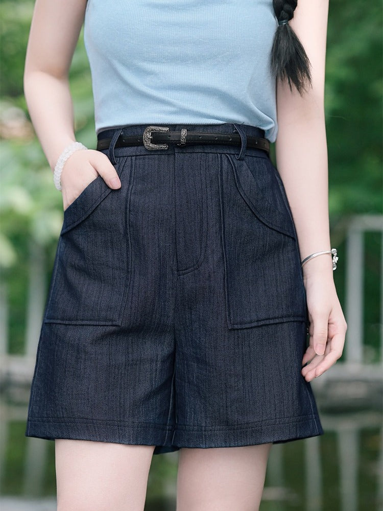 Black Denim-Effect Wide-Leg Shorts with Detachable Chinese Style Embroidered Ribbon - Quirky Hut