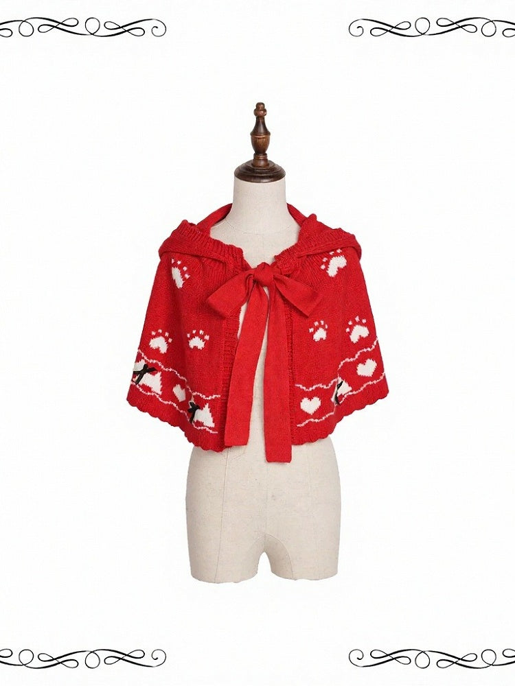 Cozy Feline Motif Knitted Cape in Crimson - iris de nuit