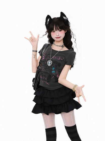 Black Slim-Fit Cartoon Musical Graphic with Notation T-shirt: