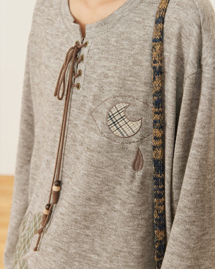 Gray Long Lace-up Shirt Embroidery Sleeve - Tie Patch Vintige Decorated Flower