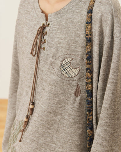 Gray Long Lace-up Shirt Embroidery Sleeve - Tie Patch Vintige Decorated Flower
