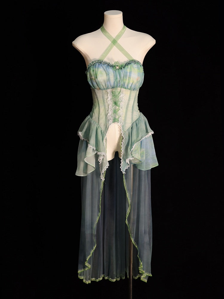 Fairy Oil Tiered Flounce Hem Halter Boned Corset Top Green Painting Print