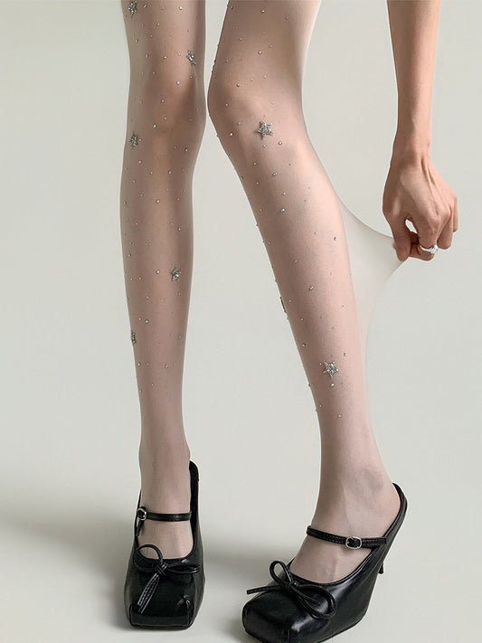 Star & Rhinestone Sheer Tights, Black or Beige - Night Experiment