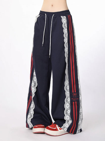 Weiß/Schwarz/Blaue Hose mit weitem Bein, Spitzenbesatz und Schleifenstickerei