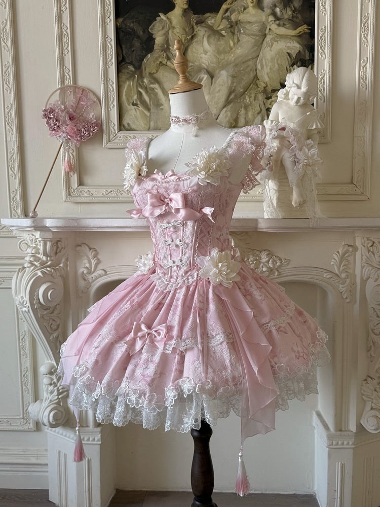 Pink Frog Version Print Jasmine-Embellished Lolita Buttons Short Corset with + Floral Top Skirt