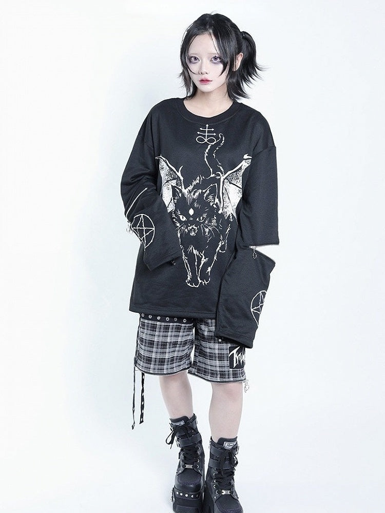 Dark Kawaii Black & White Hell Cat Graphic Embroidered Zip Sweatshirt - Tribuo Flos