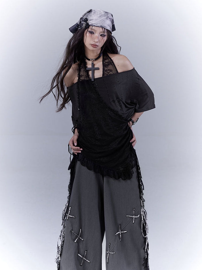 T-Shirt Neckholder Schwarz Kreuz Strass Gebogener Saum