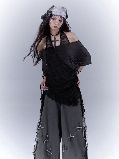 T-Shirt Neckholder Schwarz Kreuz Strass Gebogener Saum