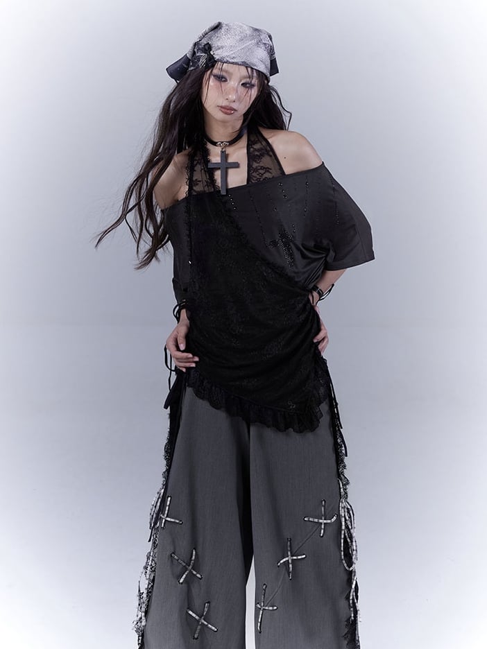 Black Cross Rhinestone Halter Neck T-Shirt - WSW No Body