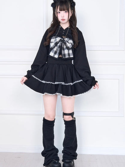 Kei Bust Black Open Subculture Jirai Short Hoodie Set: Bow Tank Big Plaid Two-Piece