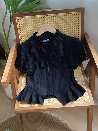 Comfortable Shirt Neckline Black Puff Sleeves Breathable Short Ruffle and