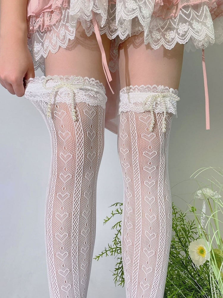 Style Lolita (Color: Pearl-Bow White) Stockings Heart Lace