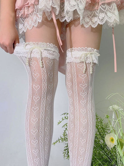 Style Lolita (Color: Pearl-Bow White) Stockings Heart Lace