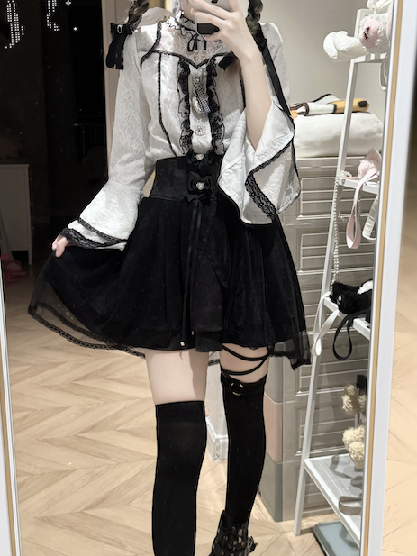Kei Lace White Contrast Trim Blouse Black Neckline with Illusion Sleeve Jirai Bell